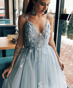A-line Deep V neck 3D Lace Applique Wedding Dress Long Sleeve